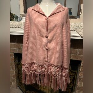 Alpaca Peru Diana Poncho Cloak Cape Top Crochet Fringe Brushed Pink Mauve O/S